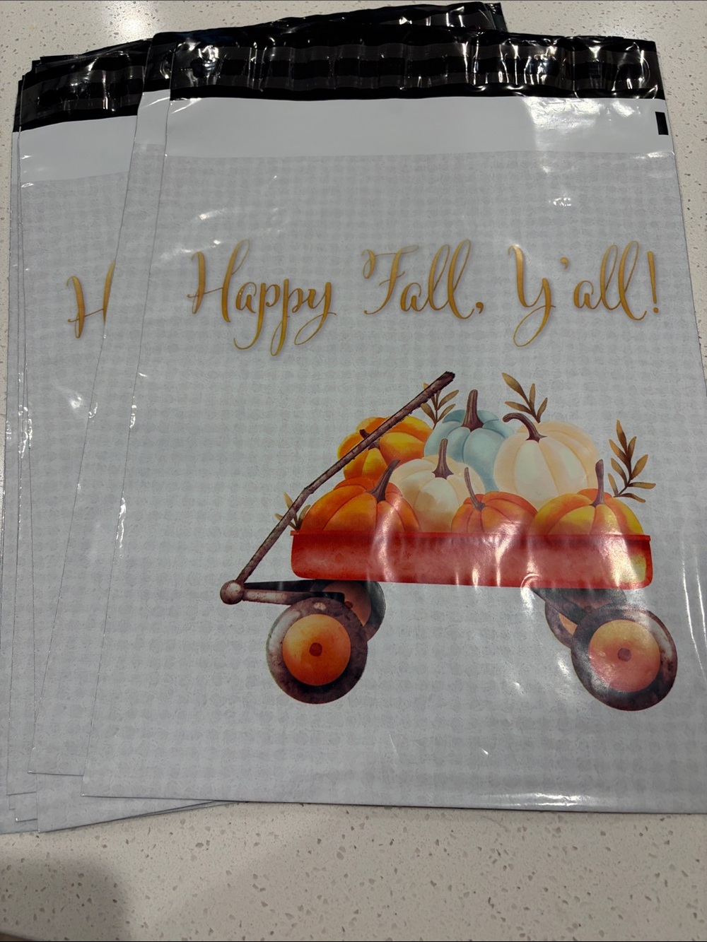 QTY 15 Happy Fall Y'all Decorative Shipping Bags - White & Orange 10”x13”